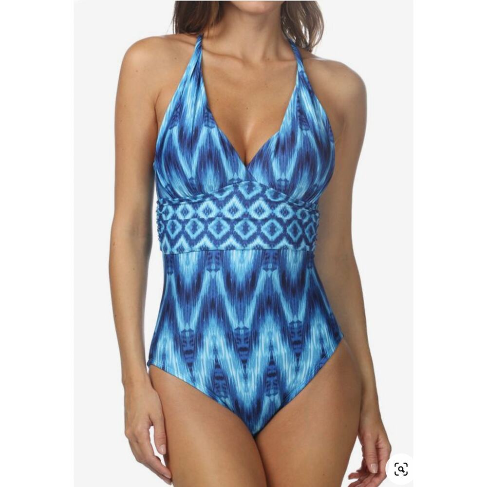 La Blanca Blue Ikat-Pattern Halter One-Piece Swimsuit